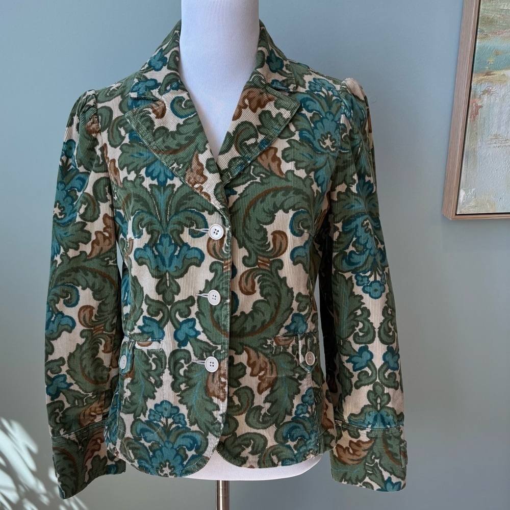 Ann Taylor LOFT Petites 6P Corduroy Blazer Jacket Green Brown Floral Cottagecore